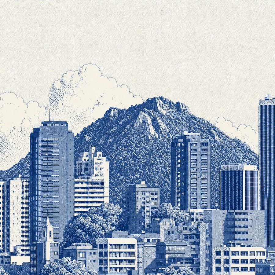 An illustrated city skyline drawn in blue ink, apartment blocks and towers rising against a mountain ridge.