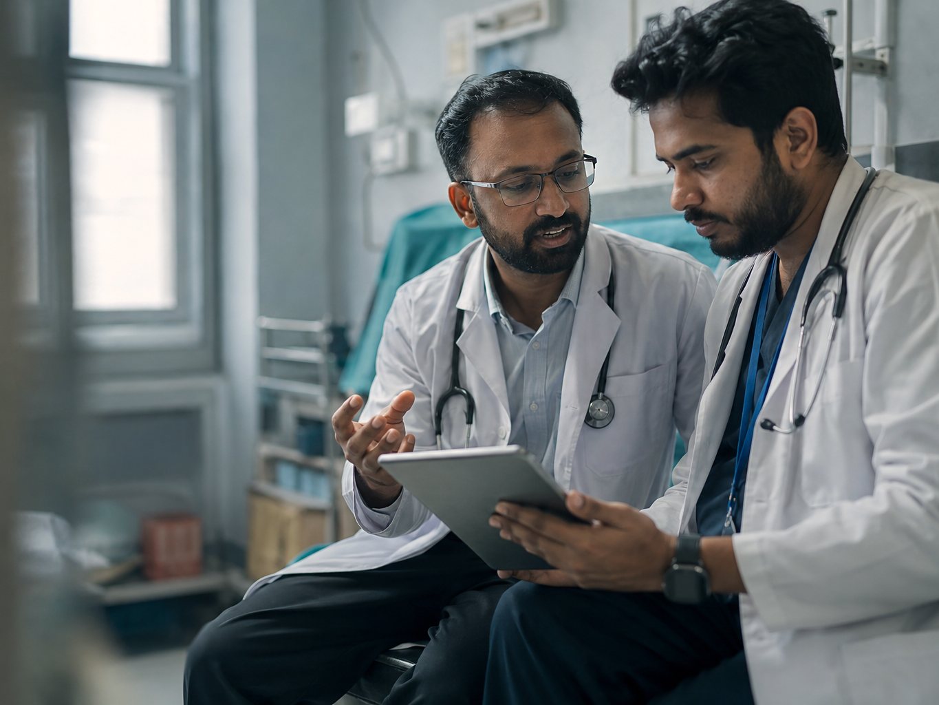 Two doctors sitting together in a hospital ward, talking through something on a tablet.